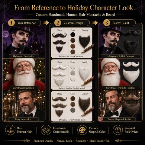 Custom Handmade Human Hair Mustache & Beard for Hallowee view 4