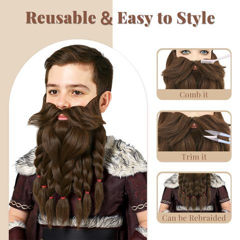 Brown Synthetic Hair Fake Beard Novelty Viking Dwarf Pre-Sty view 5