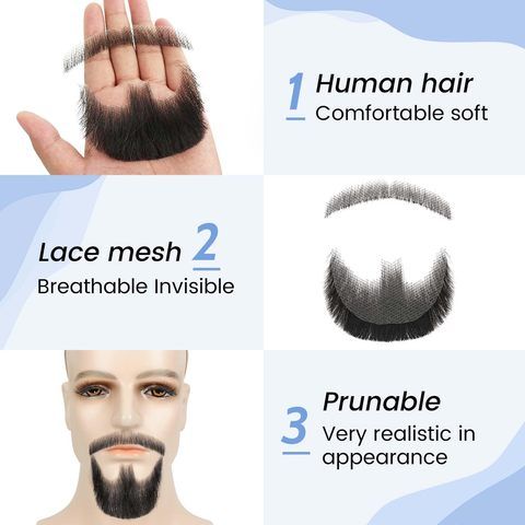 Human Hair Beard Goatee 100% Handmade Soft Lace Invisible Fa view 5