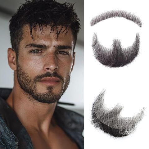 Premium Human Hair False Beard & Mustache Set - Full Han view 2